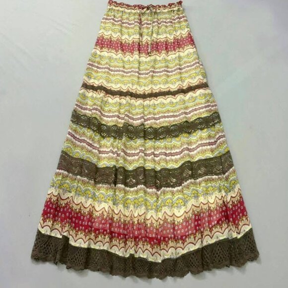 Dresses & Skirts - Boho Multi Color Printed Maxi Skirt With Lace Hem